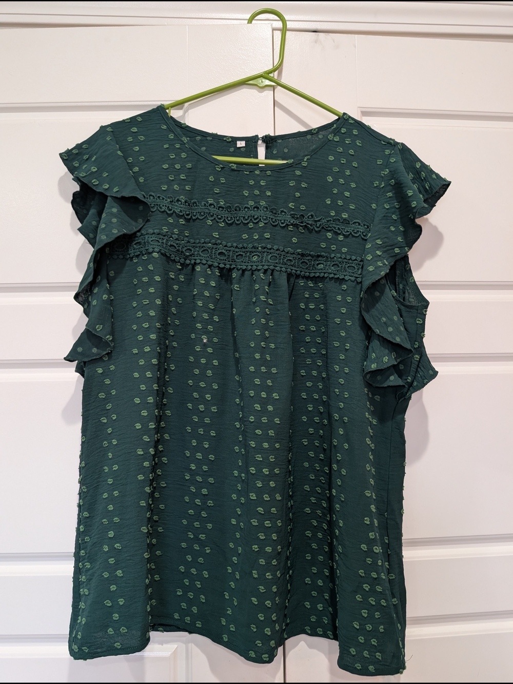 Green Swiss Dot Ruffle Sleeve Lace Trim Blouse | Hunter Green | Size L | NWOT